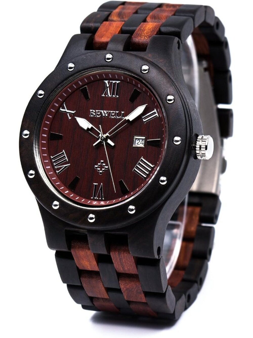Men's Black Red Handmade Date Display Analog Quartz Luminous Wrist Wooden Watch